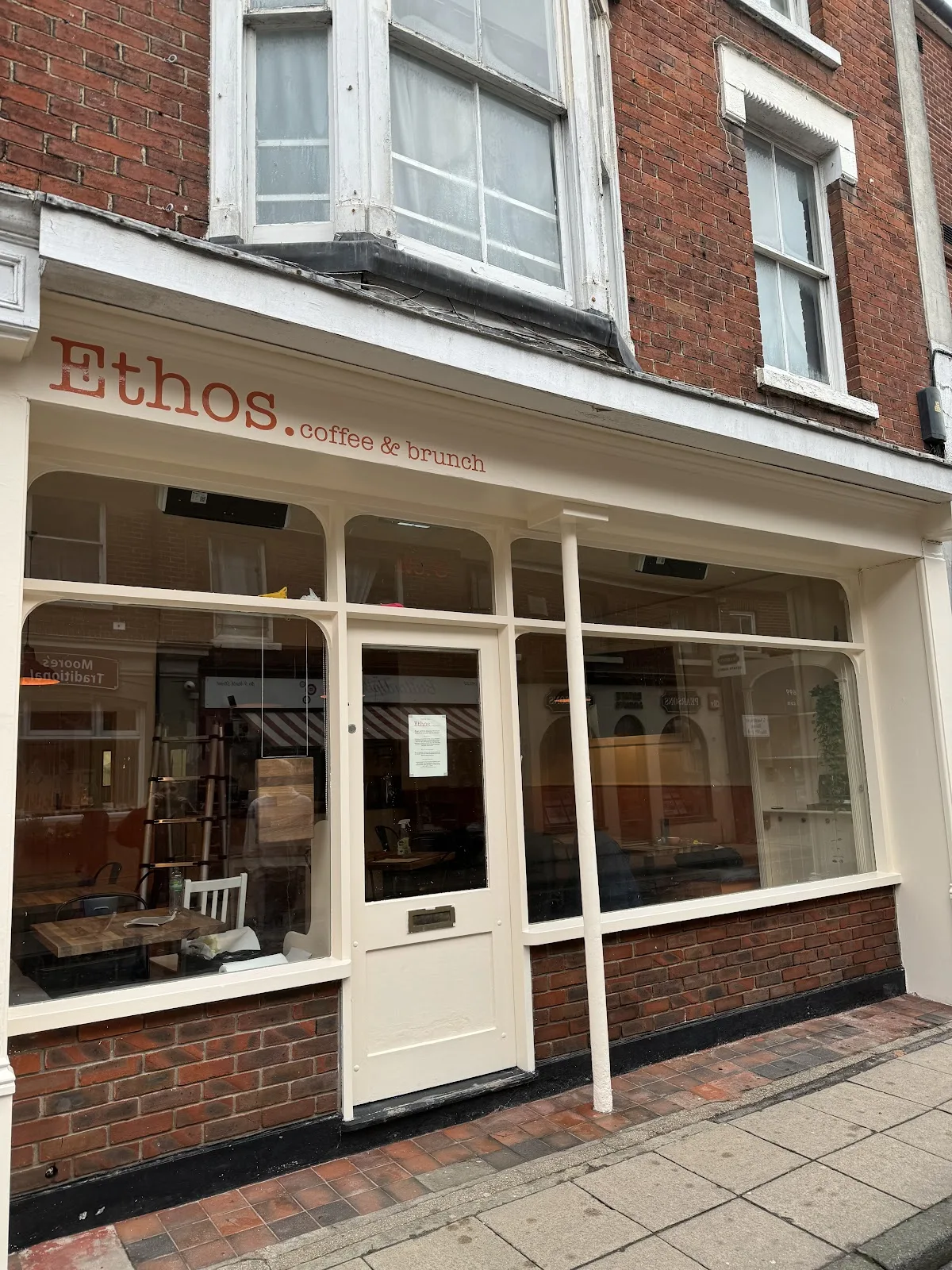 The cream painted shopfront of Ethos Coffee and Brunch on North Street, Havant